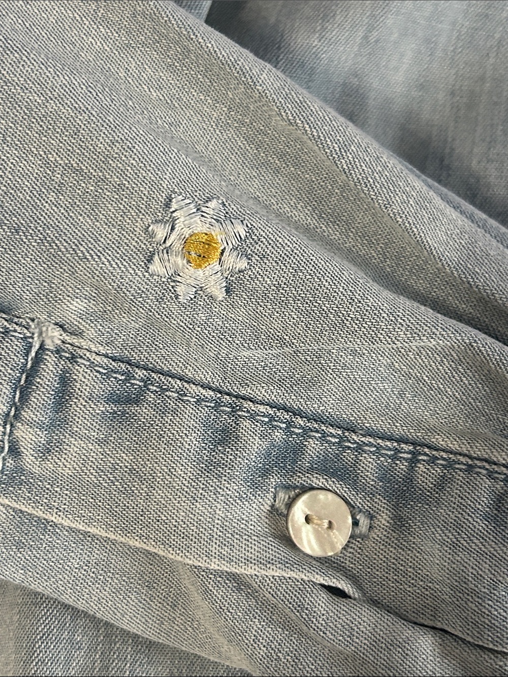 Kensie Light Wash Denim Shirt with Daisy Embroidery - Picture 5 of 6